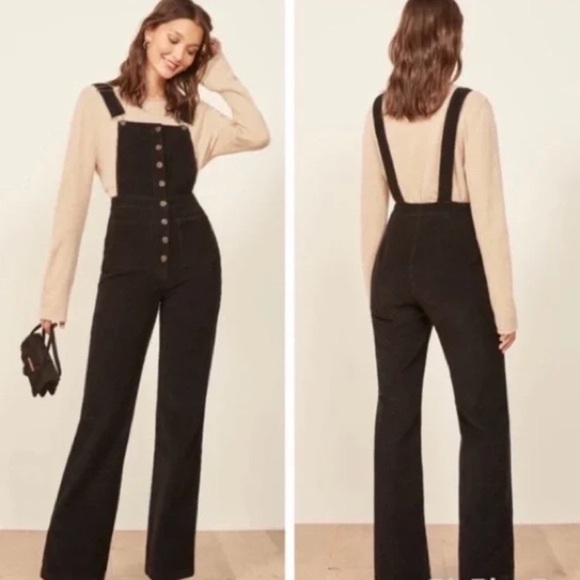 Reformation Cassidy Black Corduroy Overalls Square Neck Relaxed Fit Size 10 - Picture 2 of 11